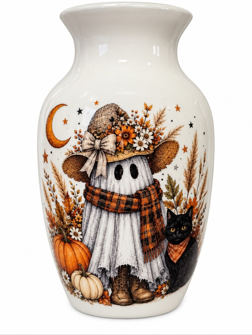 Handmade Glass Vase Ghost Black Cat Pumpkin Fall Halloween Floral Decor 7"